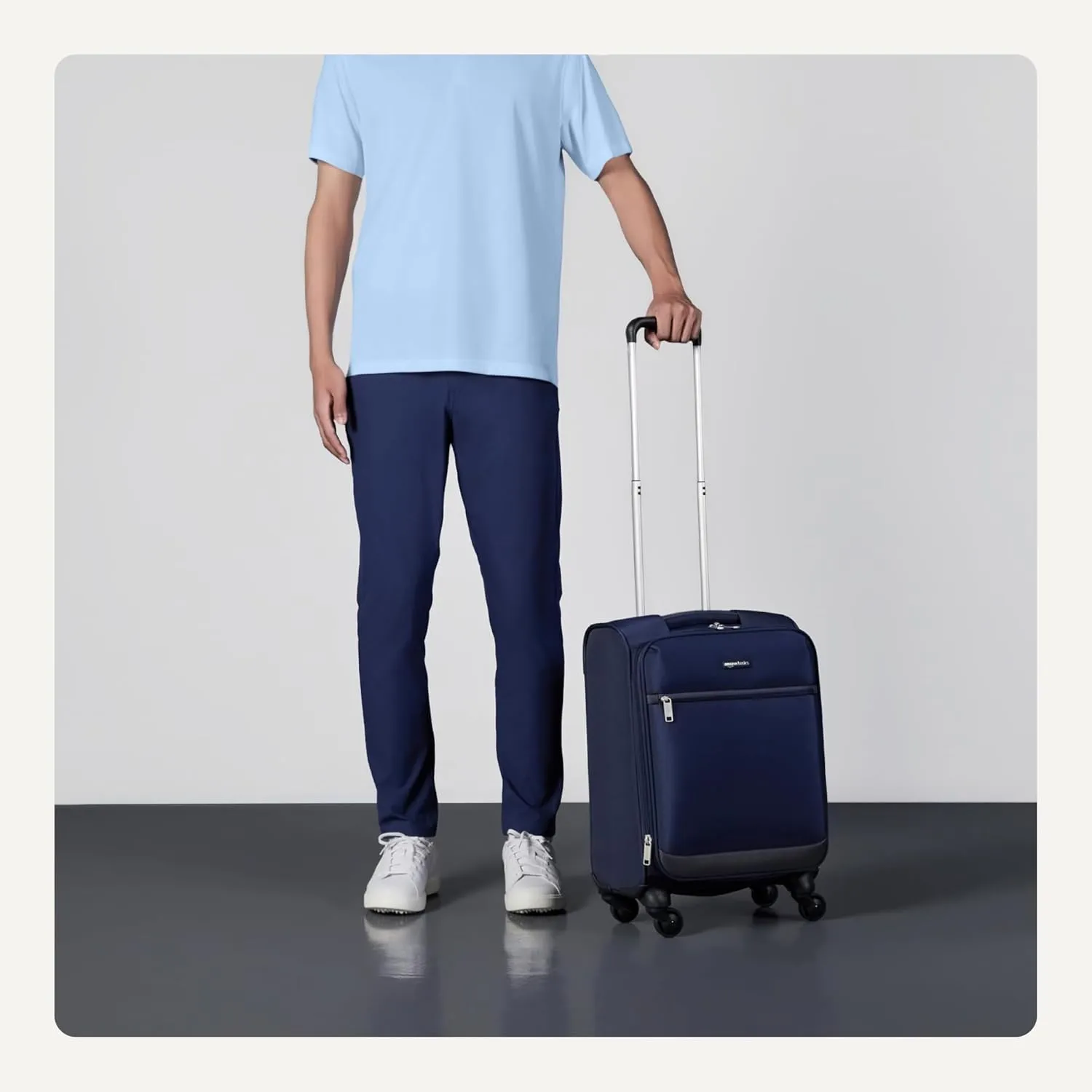 Amazon Basics Luggage, 21"Medium Carry-On Softside Suitcase With Wheels With Four 360-Degree Multi-directional Spinner Wheels Expandable Space Zippered Pocket and Straps Telescopic Handle Navy Blue