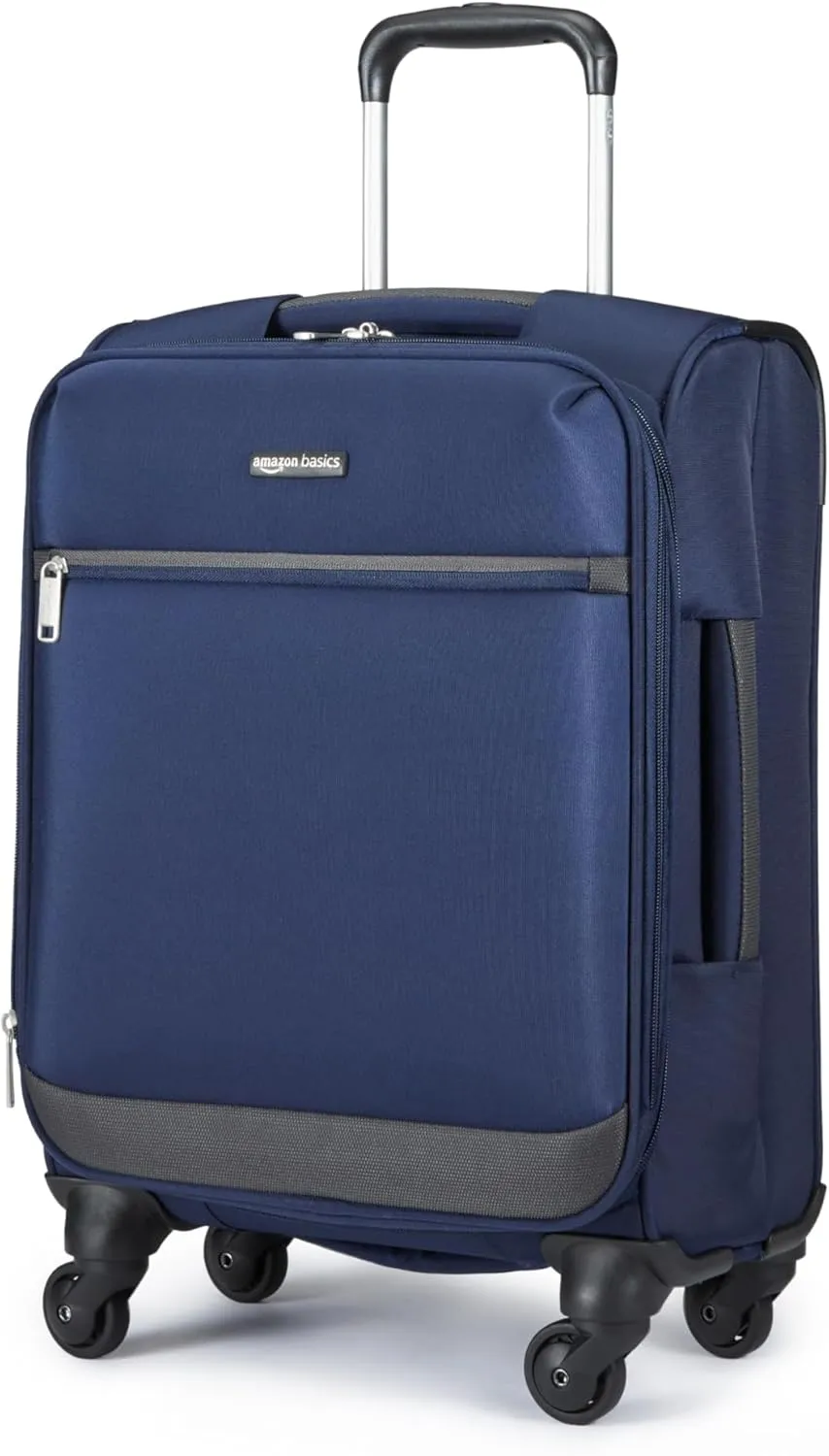 Amazon Basics Luggage, 21"Medium Carry-On Softside Suitcase With Wheels With Four 360-Degree Multi-directional Spinner Wheels Expandable Space Zippered Pocket and Straps Telescopic Handle Navy Blue