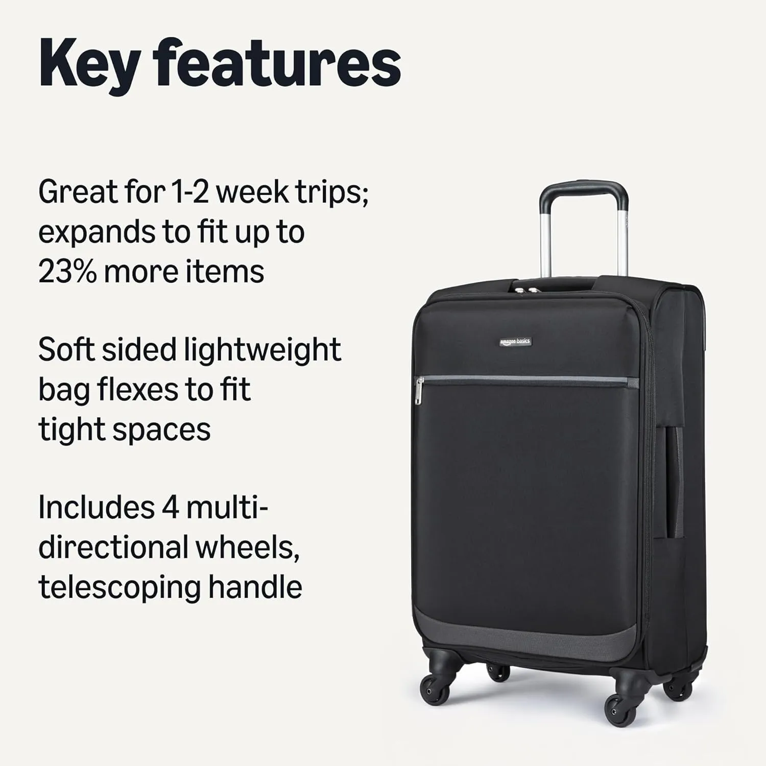 Amazon Basics Luggage, 25" Medium Checked Softside Suitcase With Wheels, With Four 360-Degree Multi-directional Spinner Wheels, Expandable Space, Zippered Pocket and Straps, Telescopic Handle, Black