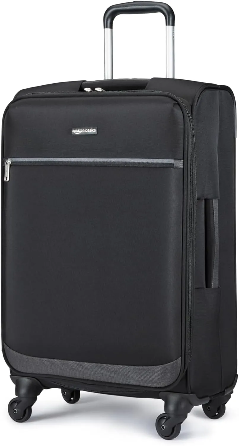 Amazon Basics Luggage, 25" Medium Checked Softside Suitcase With Wheels, With Four 360-Degree Multi-directional Spinner Wheels, Expandable Space, Zippered Pocket and Straps, Telescopic Handle, Black