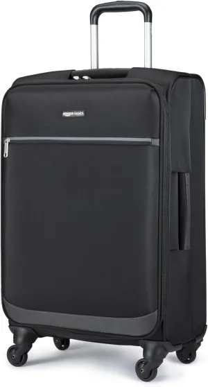 Amazon Basics Luggage, 25" Medium Checked Softside Suitcase With Wheels, With Four 360-Degree Multi-directional Spinner Wheels, Expandable Space, Zippered Pocket and Straps, Telescopic Handle, Black