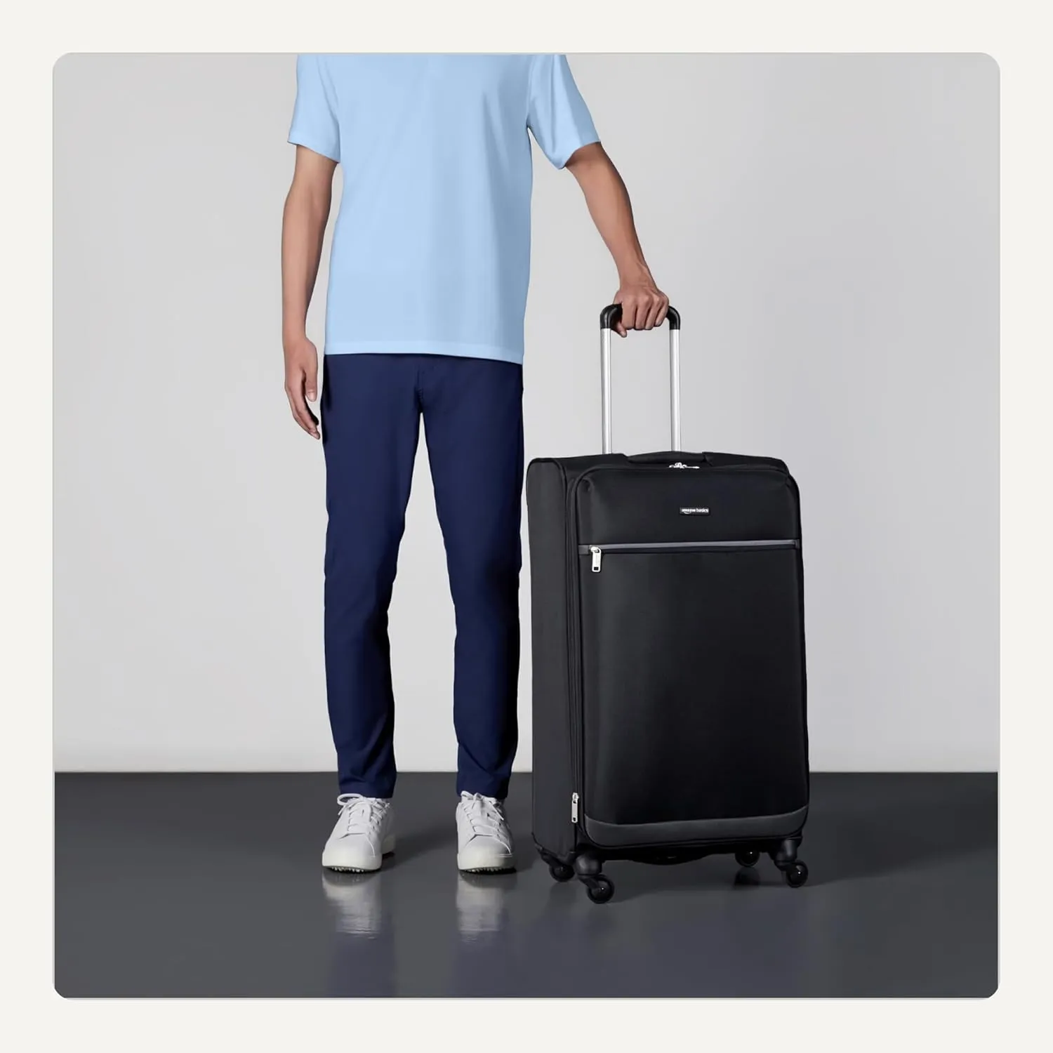 Amazon Basics Luggage, 30" Large Checked Softside Suitcase With Wheels, With Four 360-Degree Multi-directional Spinner Wheels, Expandable Capacity, Zippered Pocket and Straps, Telescopic Handle, Black
