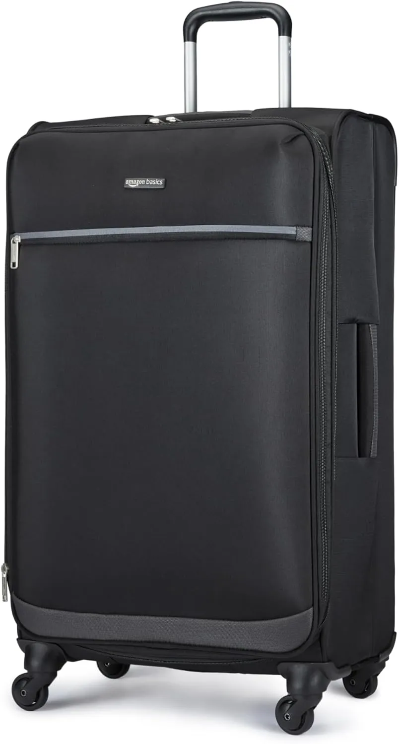 Amazon Basics Luggage, 30" Large Checked Softside Suitcase With Wheels, With Four 360-Degree Multi-directional Spinner Wheels, Expandable Capacity, Zippered Pocket and Straps, Telescopic Handle, Black