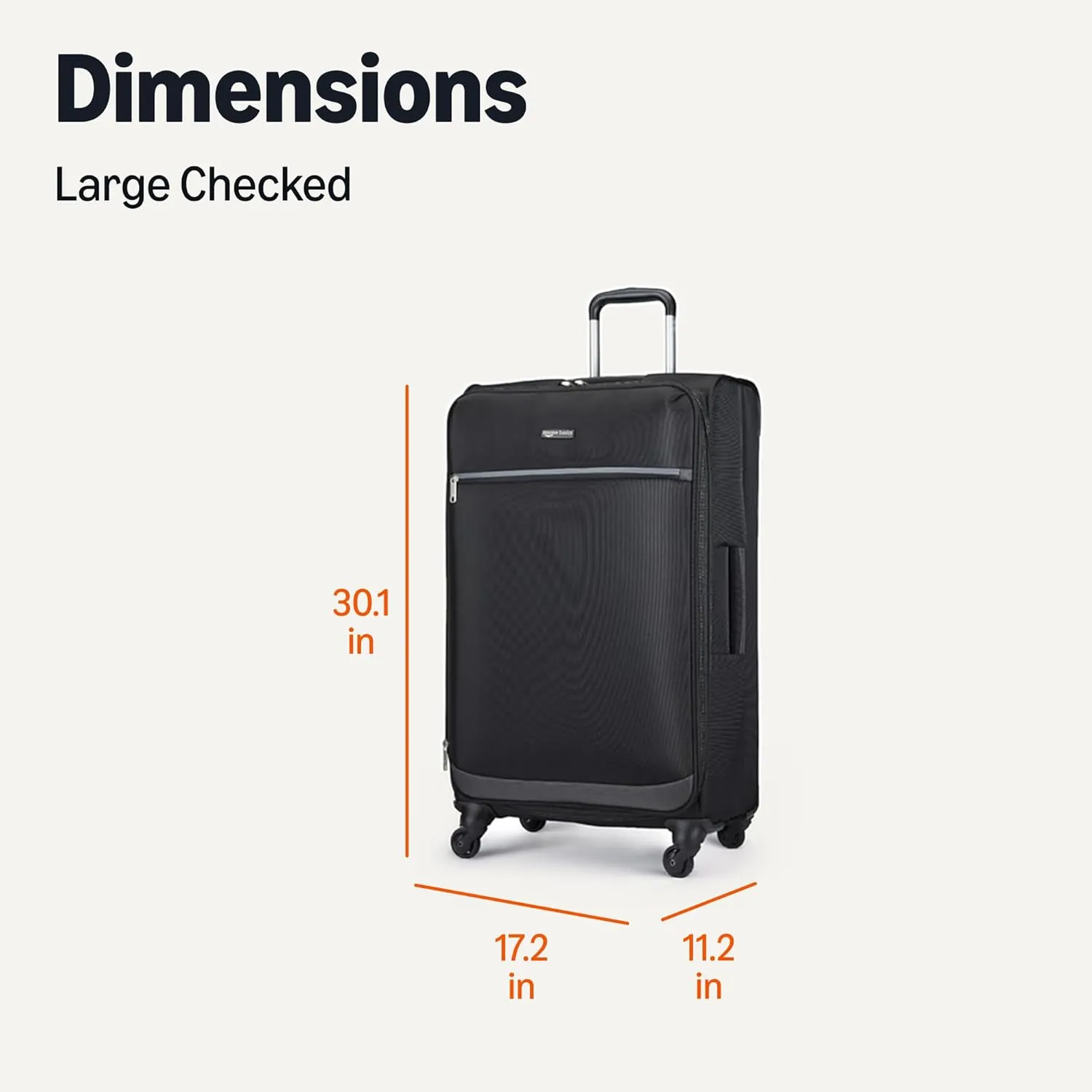 Amazon Basics Luggage, 30" Large Checked Softside Suitcase With Wheels, With Four 360-Degree Multi-directional Spinner Wheels, Expandable Capacity, Zippered Pocket and Straps, Telescopic Handle, Black