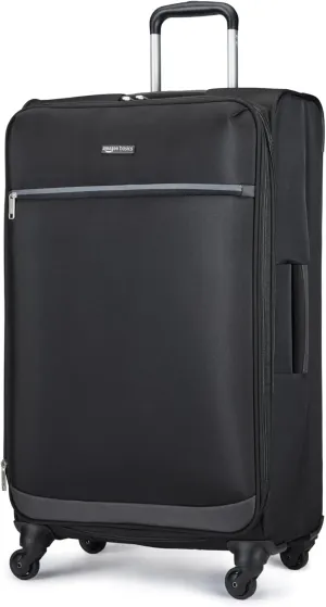 Amazon Basics Luggage, 30" Large Checked Softside Suitcase With Wheels, With Four 360-Degree Multi-directional Spinner Wheels, Expandable Capacity, Zippered Pocket and Straps, Telescopic Handle, Black