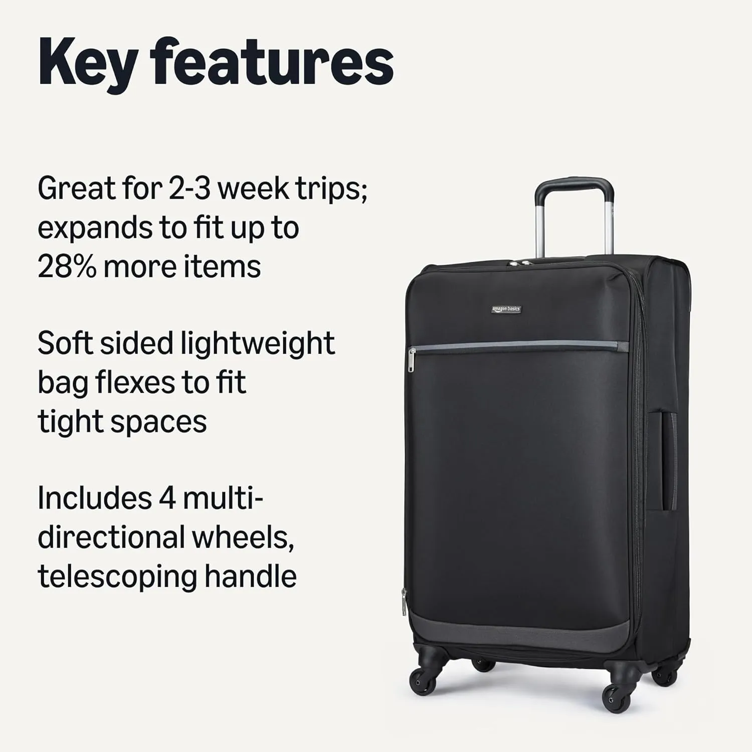 Amazon Basics Luggage, 30" Large Checked Softside Suitcase With Wheels, With Four 360-Degree Multi-directional Spinner Wheels, Expandable Capacity, Zippered Pocket and Straps, Telescopic Handle, Black