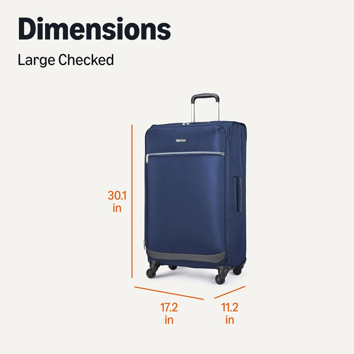 Amazon Basics Luggage, 30" Large Checked Softside Suitcase With Wheels With Four 360-Degree Multi-directional Spinner Wheels Expandable Space Zippered Pocket and Straps, Telescopic Handle, Navy Blue