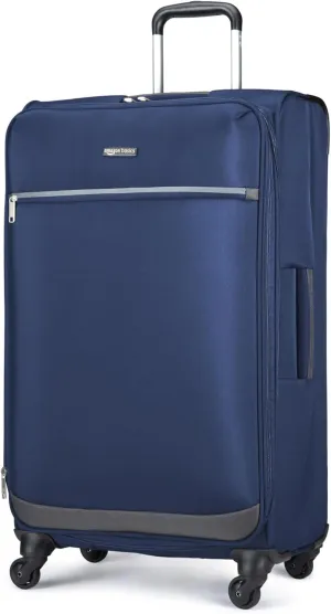 Amazon Basics Luggage, 30" Large Checked Softside Suitcase With Wheels With Four 360-Degree Multi-directional Spinner Wheels Expandable Space Zippered Pocket and Straps, Telescopic Handle, Navy Blue