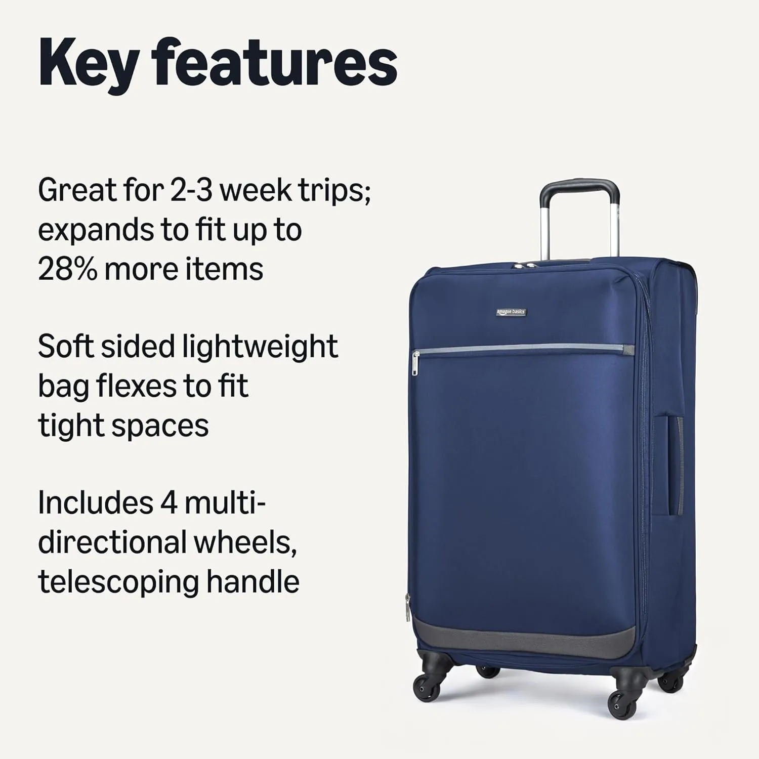 Amazon Basics Luggage, 30" Large Checked Softside Suitcase With Wheels With Four 360-Degree Multi-directional Spinner Wheels Expandable Space Zippered Pocket and Straps, Telescopic Handle, Navy Blue