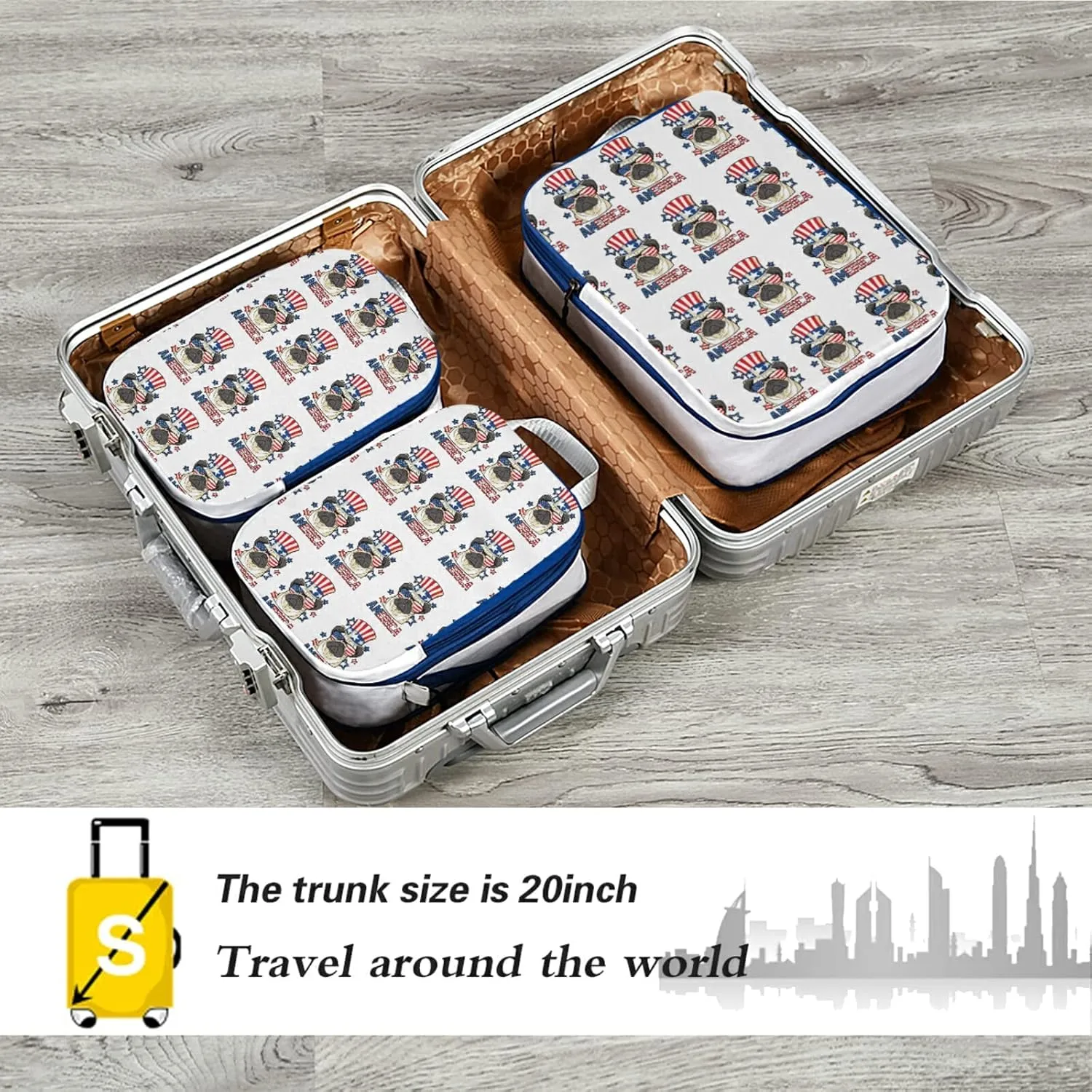 America Pug Dog USA Flag with Sunglasses Hat on White 3 Piece set Cubes Expandable Adjustable Luggage Packing Bags, Ultralight Organizer Accessories Travel Suitcase Compressible Bags