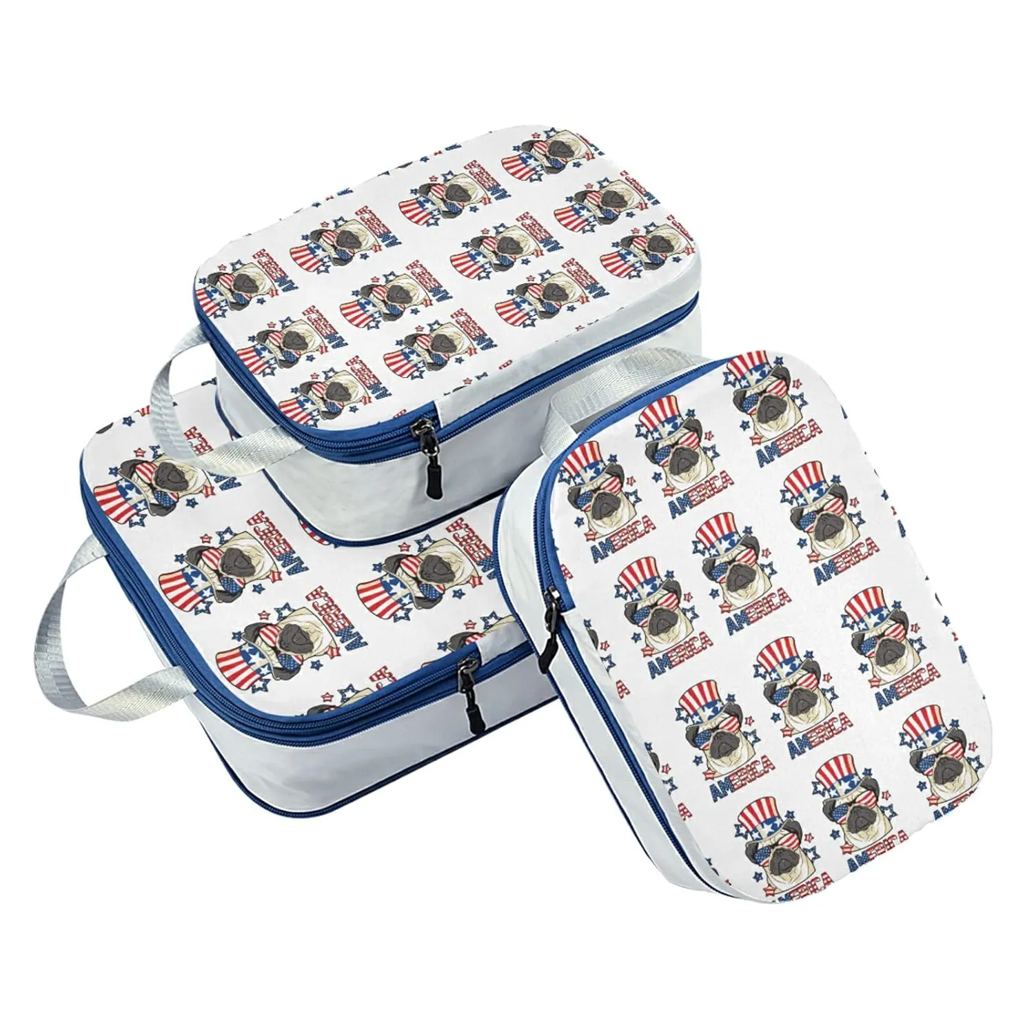 America Pug Dog USA Flag with Sunglasses Hat on White 3 Piece set Cubes Expandable Adjustable Luggage Packing Bags, Ultralight Organizer Accessories Travel Suitcase Compressible Bags