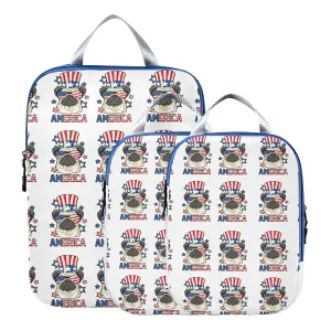 America Pug Dog USA Flag with Sunglasses Hat on White 3 Piece set Cubes Expandable Adjustable Luggage Packing Bags, Ultralight Organizer Accessories Travel Suitcase Compressible Bags