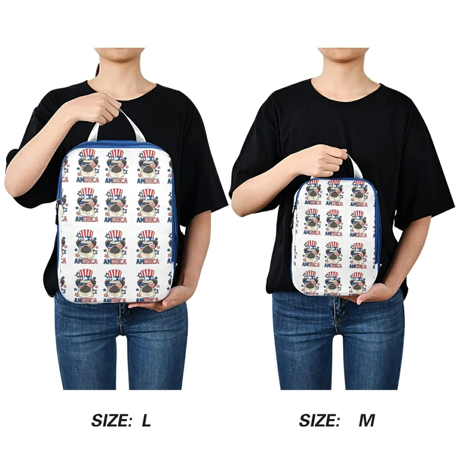 America Pug Dog USA Flag with Sunglasses Hat on White 3 Piece set Cubes Expandable Adjustable Luggage Packing Bags, Ultralight Organizer Accessories Travel Suitcase Compressible Bags