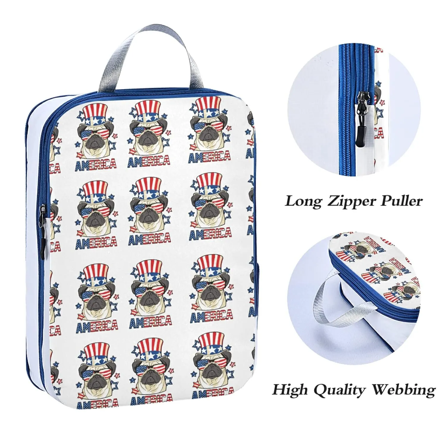 America Pug Dog USA Flag with Sunglasses Hat on White 3 Piece set Cubes Expandable Adjustable Luggage Packing Bags, Ultralight Organizer Accessories Travel Suitcase Compressible Bags