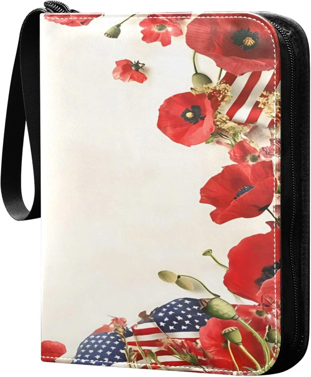 American Flag and Flowers Card Binder 4 Pocket Collectible Trading Card Albums with 50 Sleeves Double Side PU Waterproof 3 Ring for Sports & Game Cards