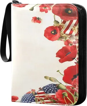 American Flag and Flowers Card Binder 4 Pocket Collectible Trading Card Albums with 50 Sleeves Double Side PU Waterproof 3 Ring for Sports & Game Cards