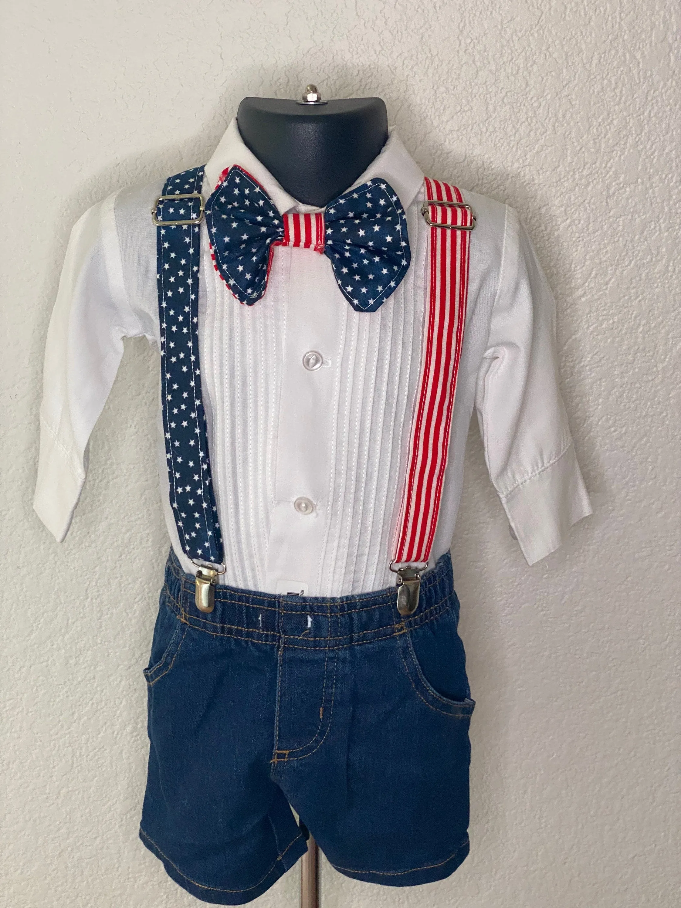 American flag bowtie and suspenders. Available in many sizes and variations. Customizable. fashionable way to show your patriotism!
