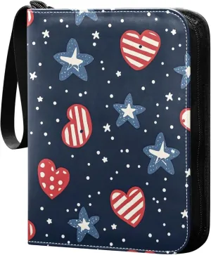 American Flag Heart and Stars Card Binder 4 Pocket Collectible Trading Card Albums with 50 Sleeves Double Side PU Waterproof 3 Ring for Sports & Game Cards