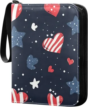 American Flag Heart and Stars Card Binder 4 Pocket Collectible Trading Card Albums with 50 Sleeves Double Side PU Waterproof 3 Ring for Sports & Game Cards