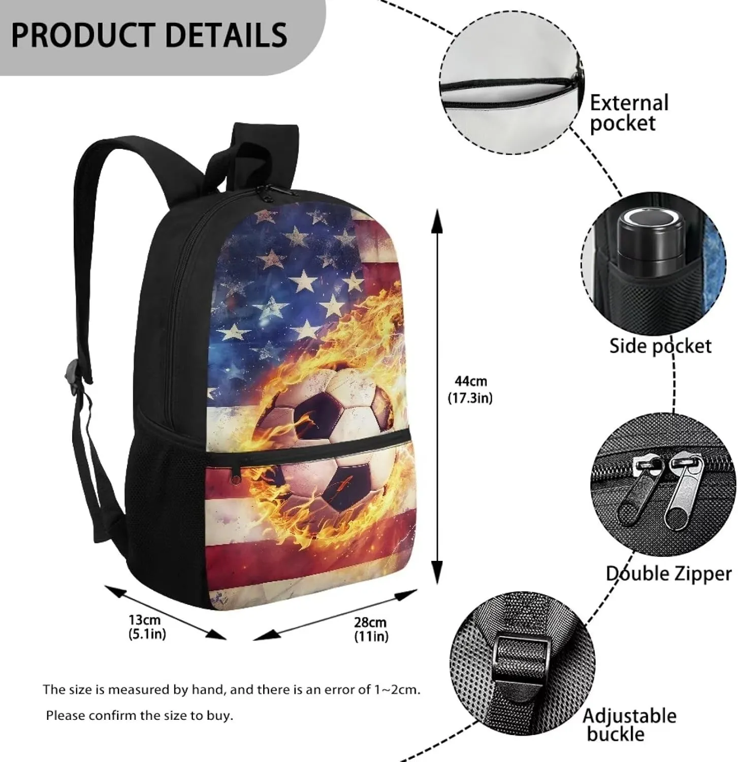 American Flag Patriot School Backpack for Boys 8-12 Soccer School Bag Soccer 17 Inch Backpacks for School Fireball Kids Large Bookbags Elementary School Hiking Camping Book Bag Daypacks
