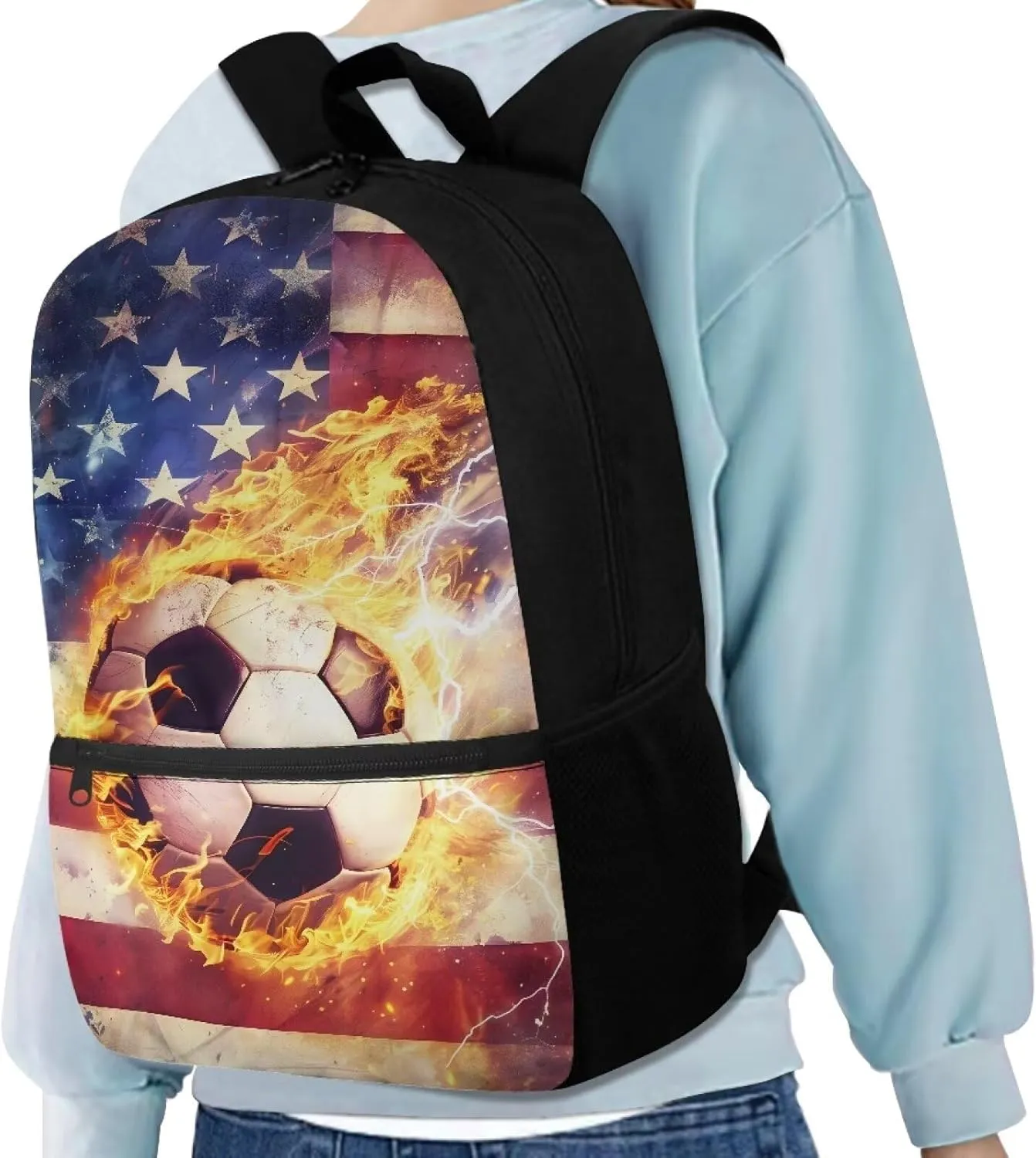 American Flag Patriot School Backpack for Boys 8-12 Soccer School Bag Soccer 17 Inch Backpacks for School Fireball Kids Large Bookbags Elementary School Hiking Camping Book Bag Daypacks