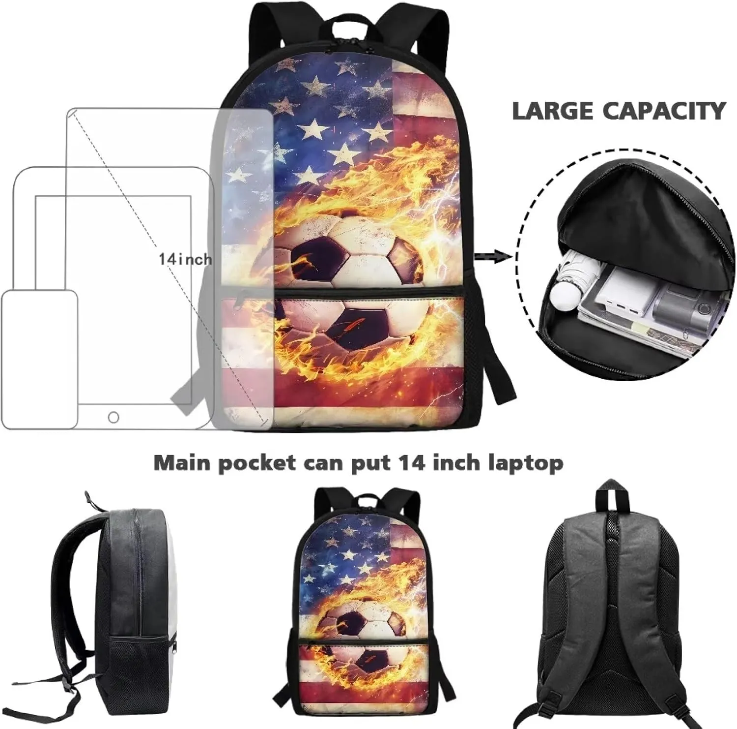American Flag Patriot School Backpack for Boys 8-12 Soccer School Bag Soccer 17 Inch Backpacks for School Fireball Kids Large Bookbags Elementary School Hiking Camping Book Bag Daypacks