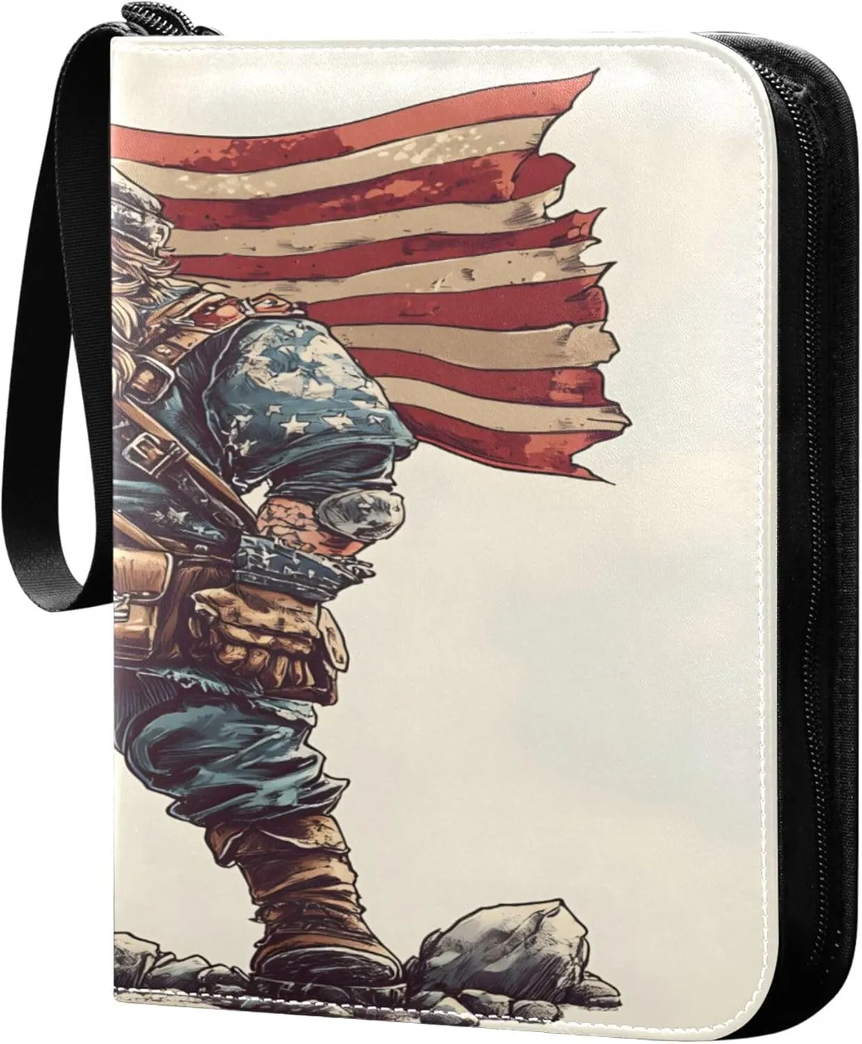 American Flag with Soldier Card Binder 4 Pocket Collectible Trading Card Albums with 50 Sleeves Double Side PU Waterproof 3 Ring for Sports & Game Cards