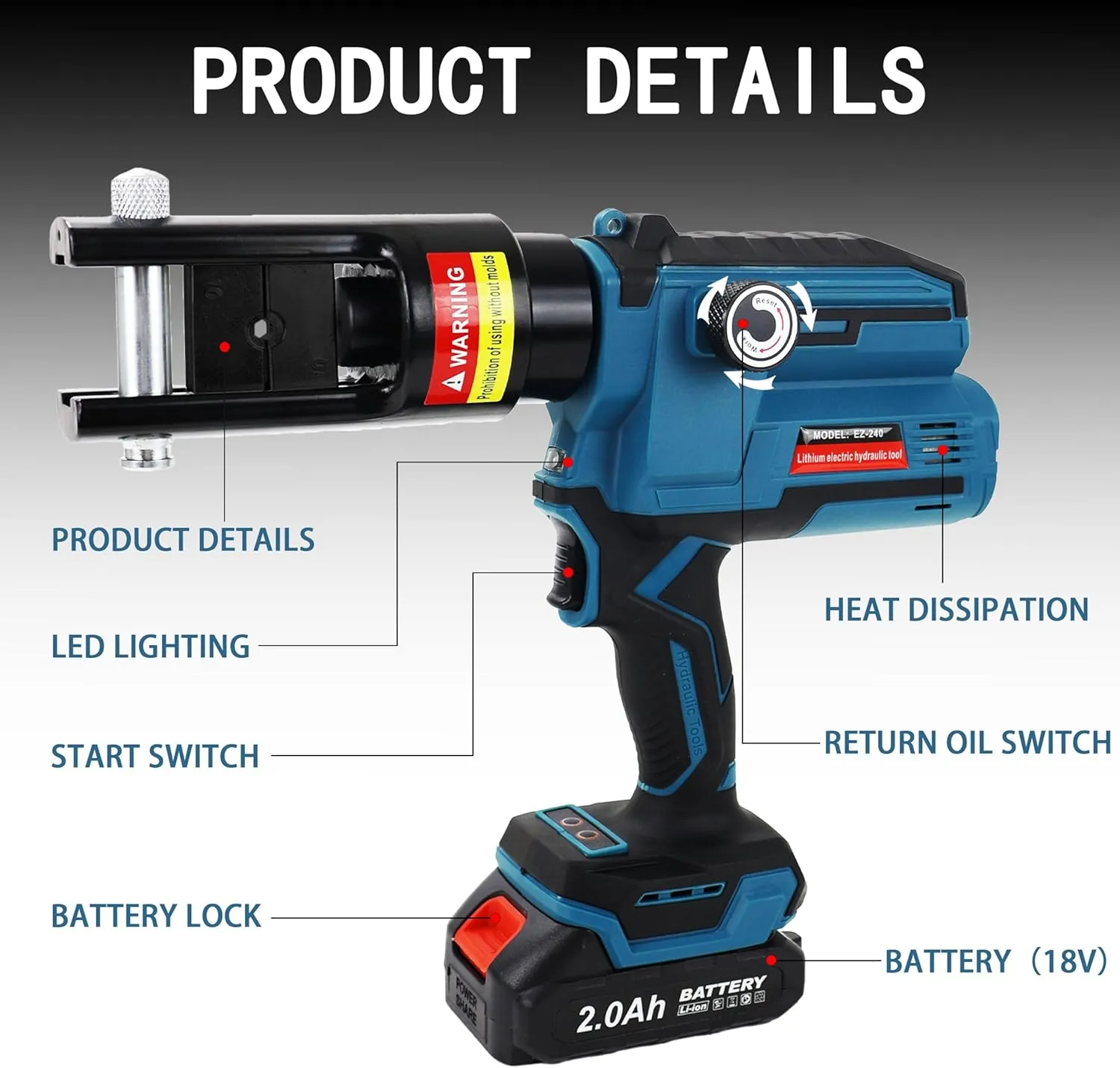 AMZCNC Electric Hydraulic Cable Lug Crimping Tool, 8 AWG to 500 MCM Terminal, Cable, Wire Electric Crimper Tool Kit, Battery Crimp Tool Kits with 12 Dies