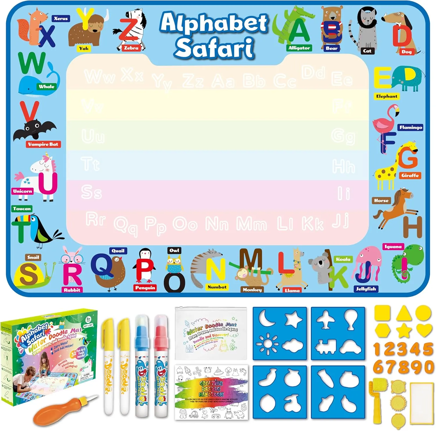 ANIMOLDS Water Doodle Mat - 40x32 Inch Aqua Magic Drawing Board for Kids (Alphabet Safari)