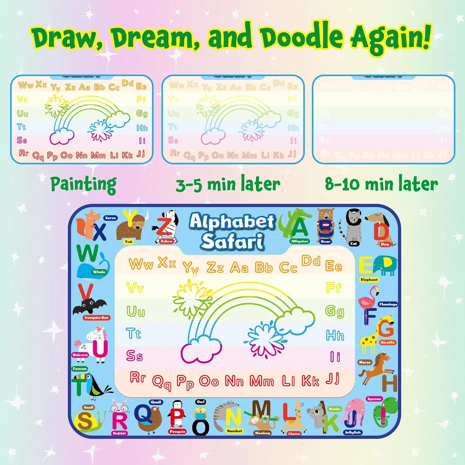 ANIMOLDS Water Doodle Mat - 40x32 Inch Aqua Magic Drawing Board for Kids (Alphabet Safari)