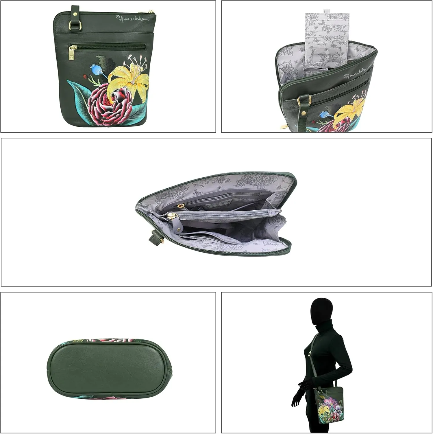 Anuschka Women’s Original Genuine Leather Hand-Painted Organizer Crossbody with Extended Side Zipper and Adjustable Strap