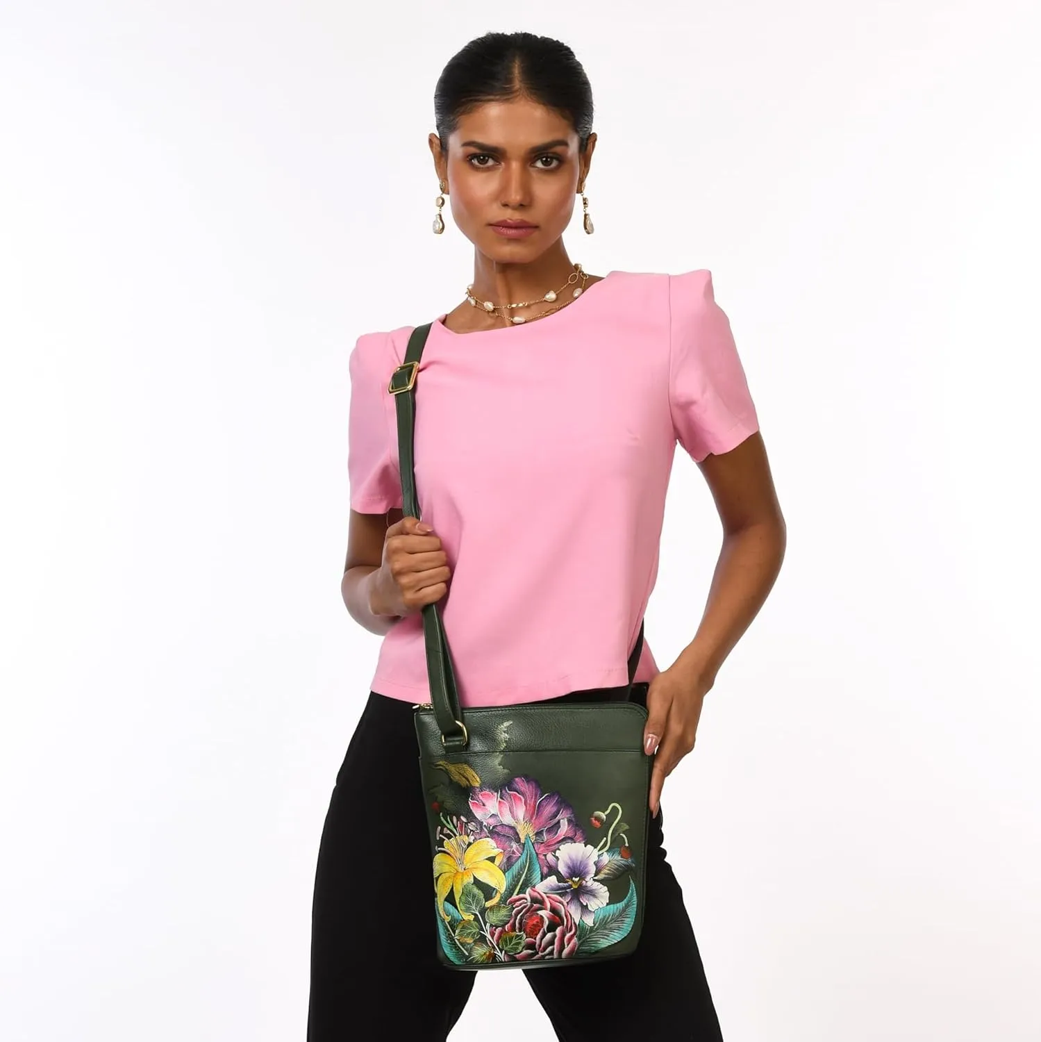 Anuschka Women’s Original Genuine Leather Hand-Painted Organizer Crossbody with Extended Side Zipper and Adjustable Strap