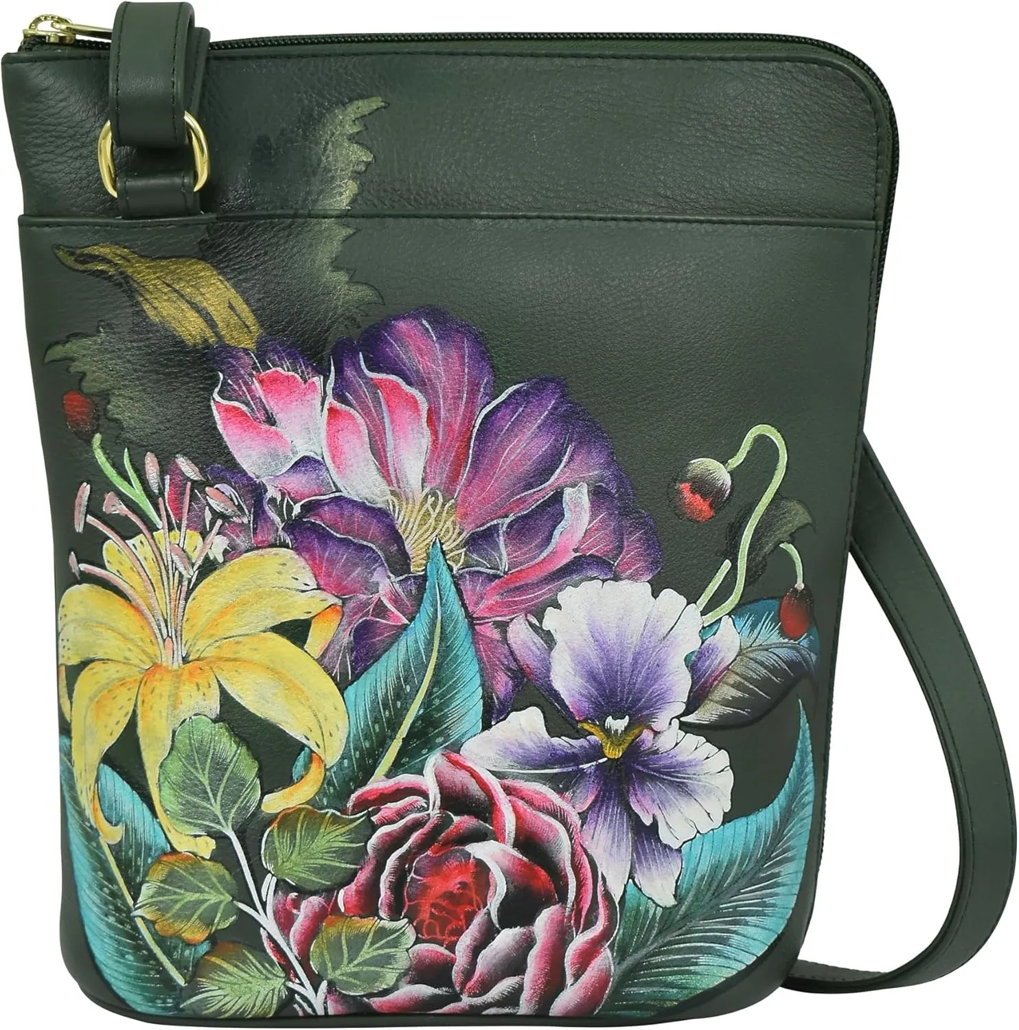 Anuschka Women’s Original Genuine Leather Hand-Painted Organizer Crossbody with Extended Side Zipper and Adjustable Strap