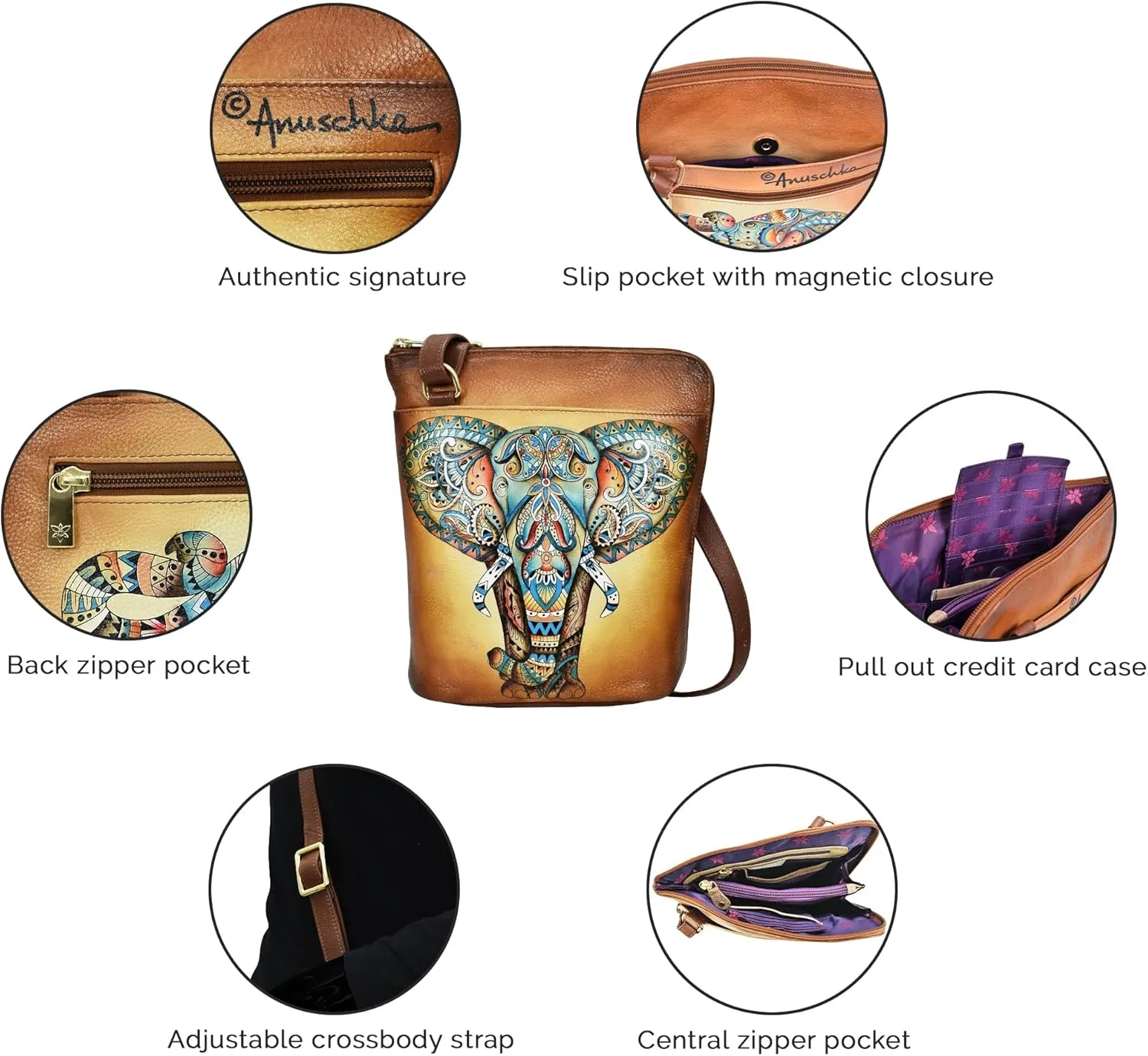 Anuschka Women’s Original Genuine Leather Hand-Painted Organizer Crossbody with Extended Side Zipper and Adjustable Strap