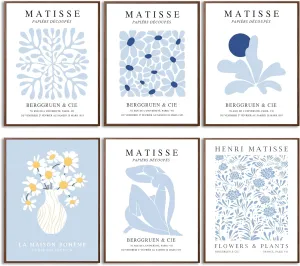 ANVOTIG Matisse Wall Art and Boho Abstract Flower Poster Set of 6, Light Blue Canvas Minimalist Aesthetic Images Decor blue Print for Bedroom LivingRoom Bthroom12x16in Unframed