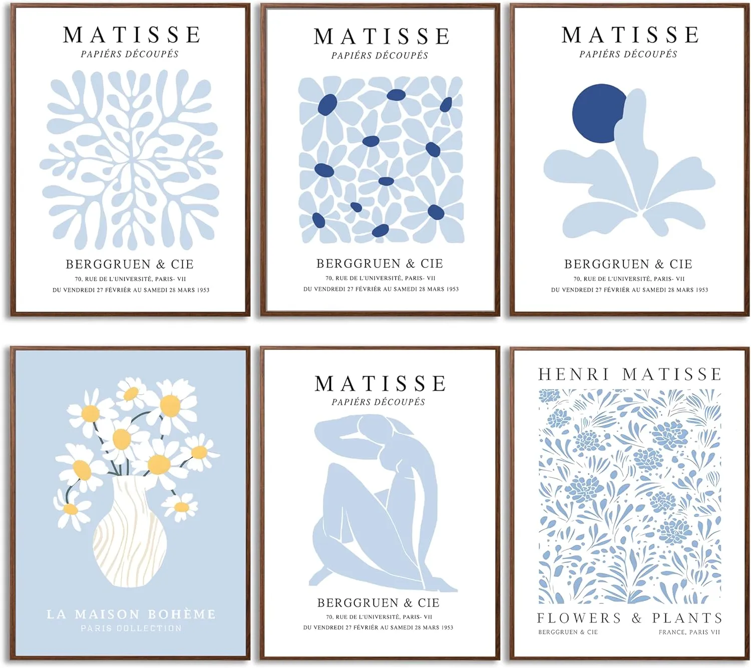 ANVOTIG Matisse Wall Art and Boho Abstract Flower Poster Set of 6, Light Blue Canvas Minimalist Aesthetic Images Decor blue Print for Bedroom LivingRoom Bthroom12x16in Unframed