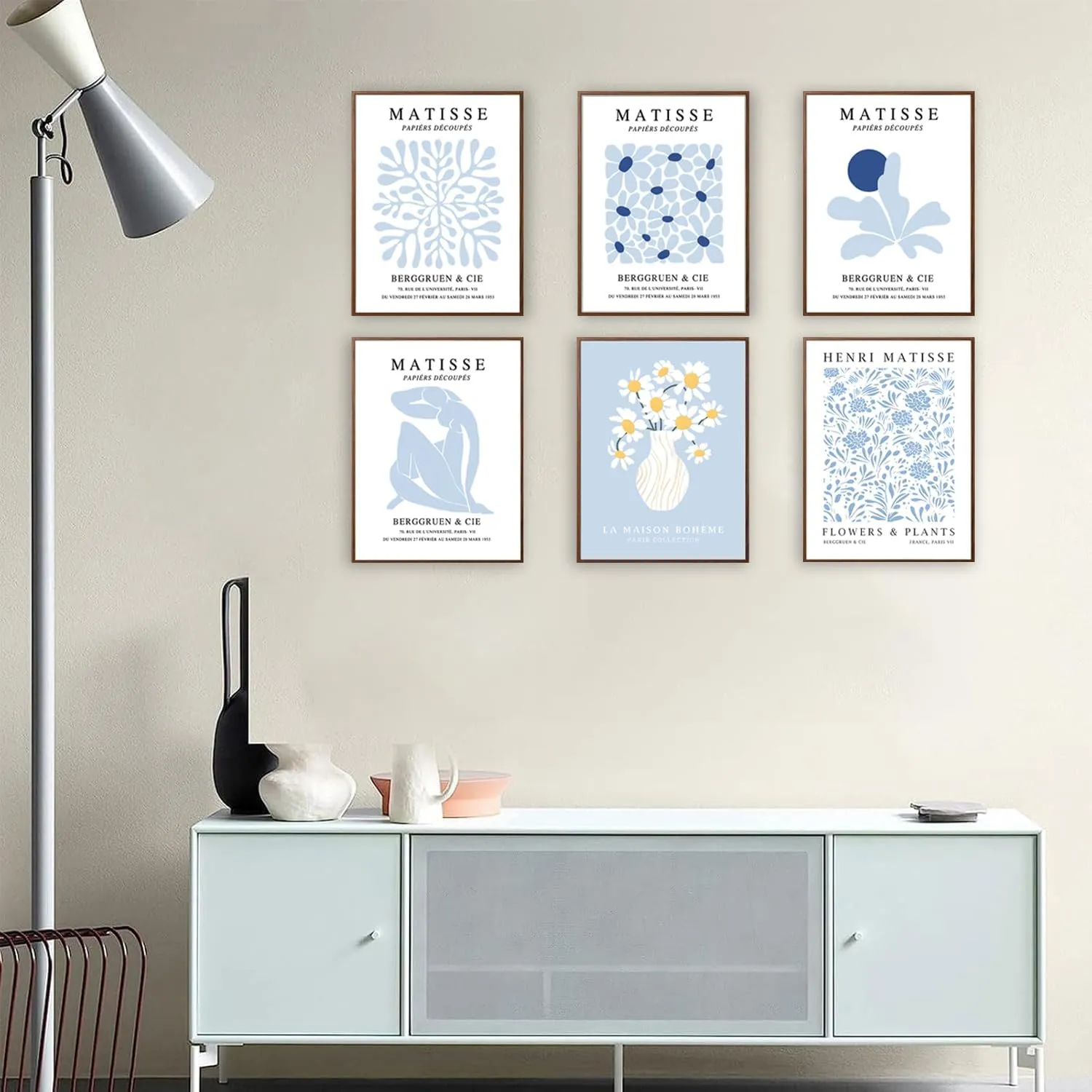 ANVOTIG Matisse Wall Art and Boho Abstract Flower Poster Set of 6, Light Blue Canvas Minimalist Aesthetic Images Decor blue Print for Bedroom LivingRoom Bthroom12x16in Unframed