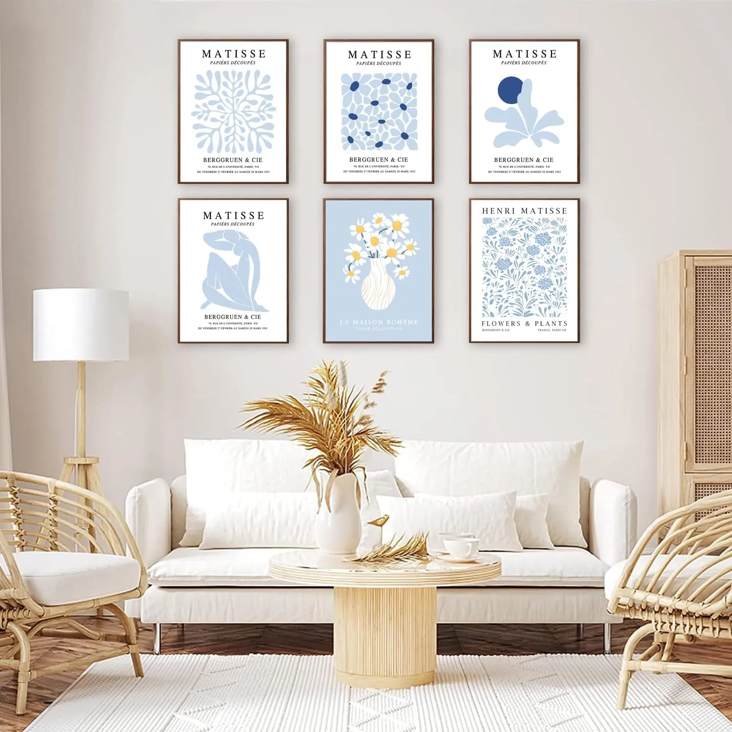 ANVOTIG Matisse Wall Art and Boho Abstract Flower Poster Set of 6, Light Blue Canvas Minimalist Aesthetic Images Decor blue Print for Bedroom LivingRoom Bthroom12x16in Unframed