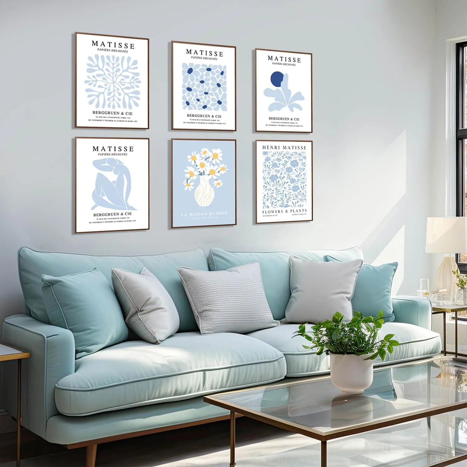 ANVOTIG Matisse Wall Art and Boho Abstract Flower Poster Set of 6, Light Blue Canvas Minimalist Aesthetic Images Decor blue Print for Bedroom LivingRoom Bthroom12x16in Unframed