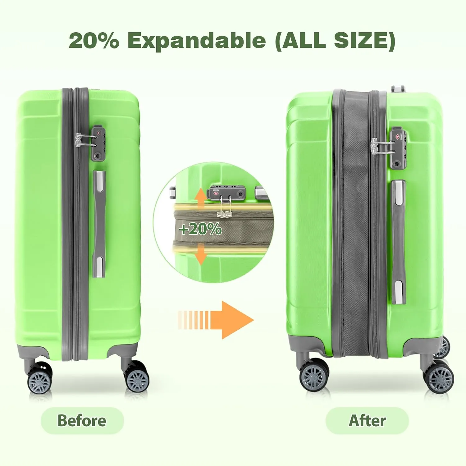 AnyZip Expandable Carry On Luggage, 20 Inch Hard Shell Travel Suitcase,Rolling Lightweight Suitcases with Wheels TSA Lock (LightGreen)