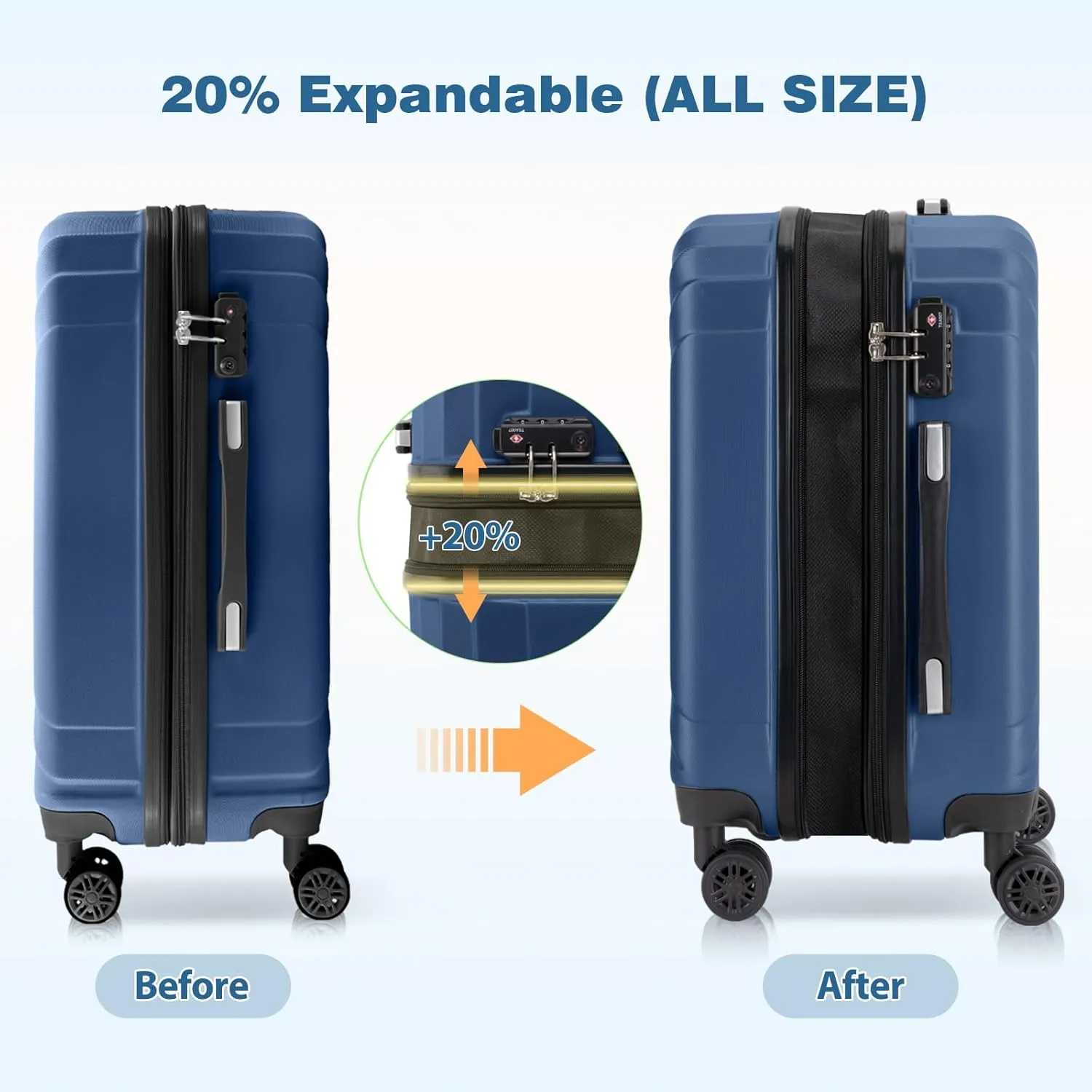 AnyZip Expandable Luggage, 24 Inch Hard Shell Checked Suitcase, Rolling Lightweight Travel Suitcases with Wheels TSA Lock (Blue)