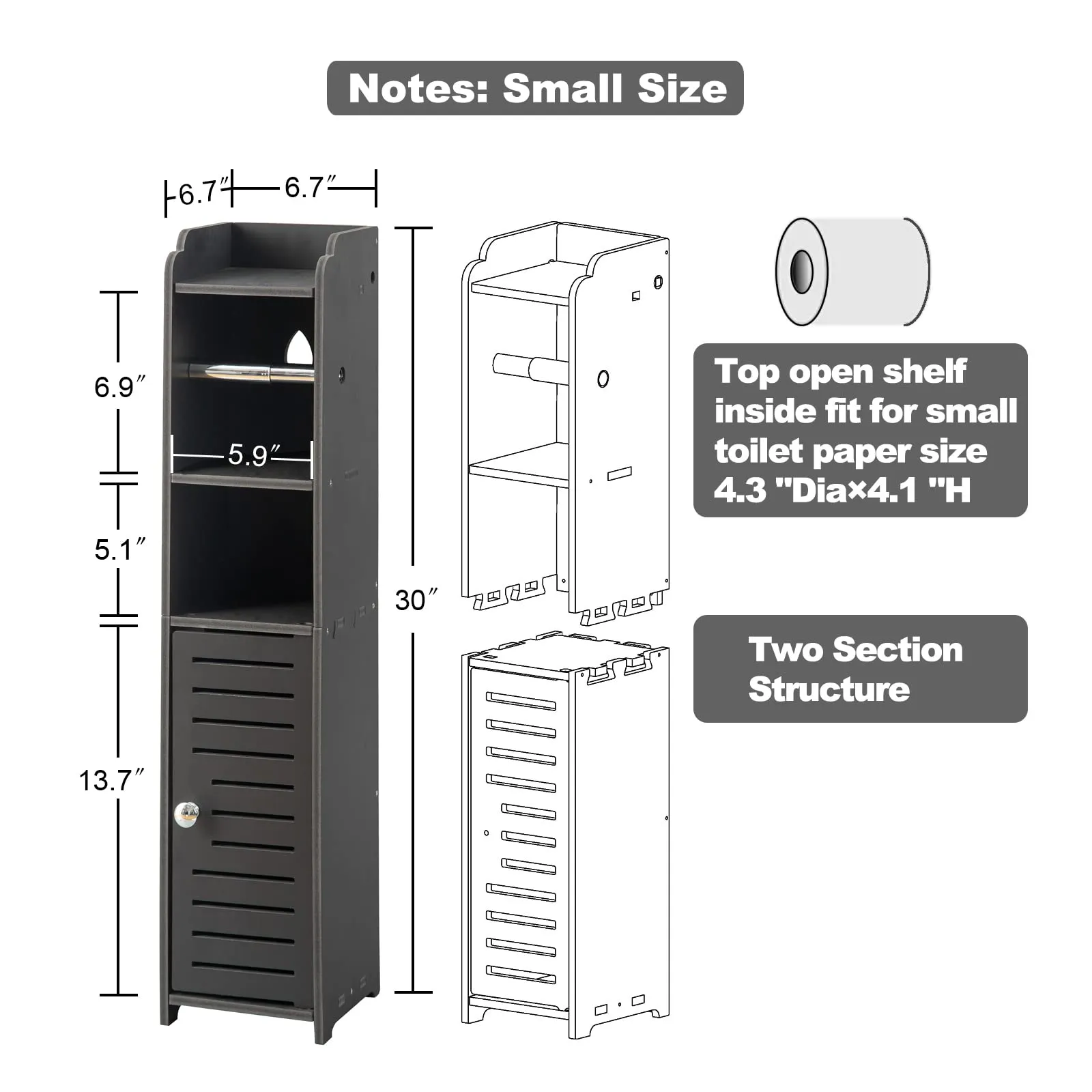 AOJEZOR Toilet Paper Holder Stand: Bathroom Storage Cabinet Beside Toilet Storage for Small Bathroom with Toilet Roll Holder - Toilet Paper Stand - Black