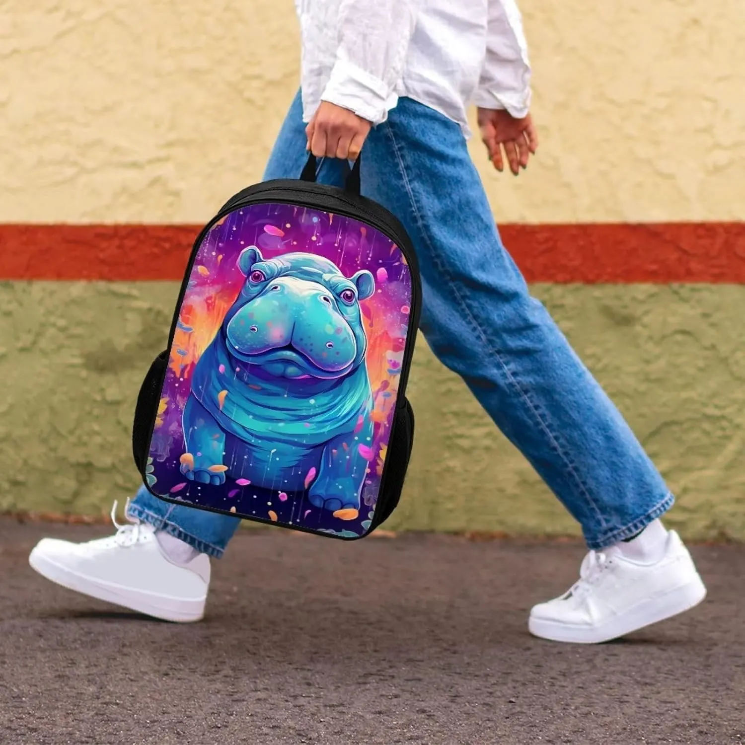 Aqua Cute Hippo Boys School Backpacks Travel Rucksack Book Bag Cute Animal School Bag For Kids Girls