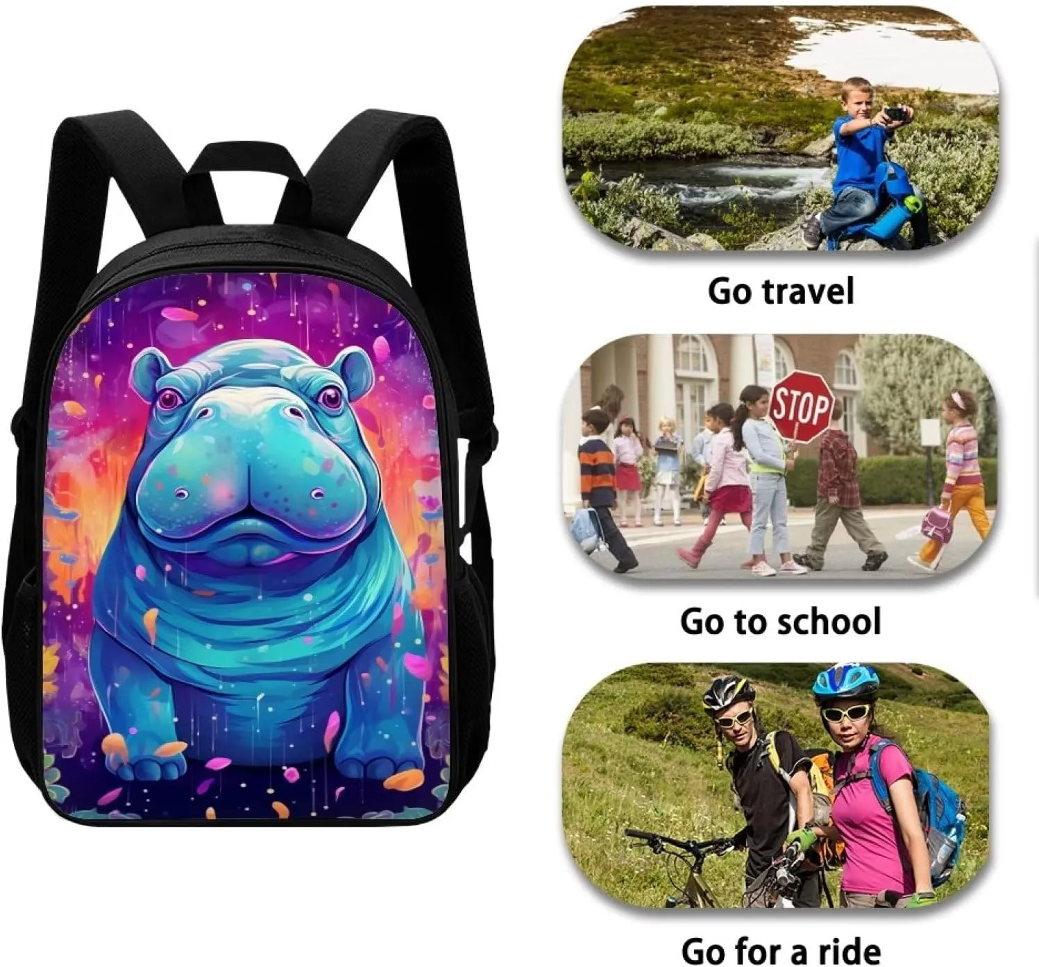 Aqua Cute Hippo Boys School Backpacks Travel Rucksack Book Bag Cute Animal School Bag For Kids Girls