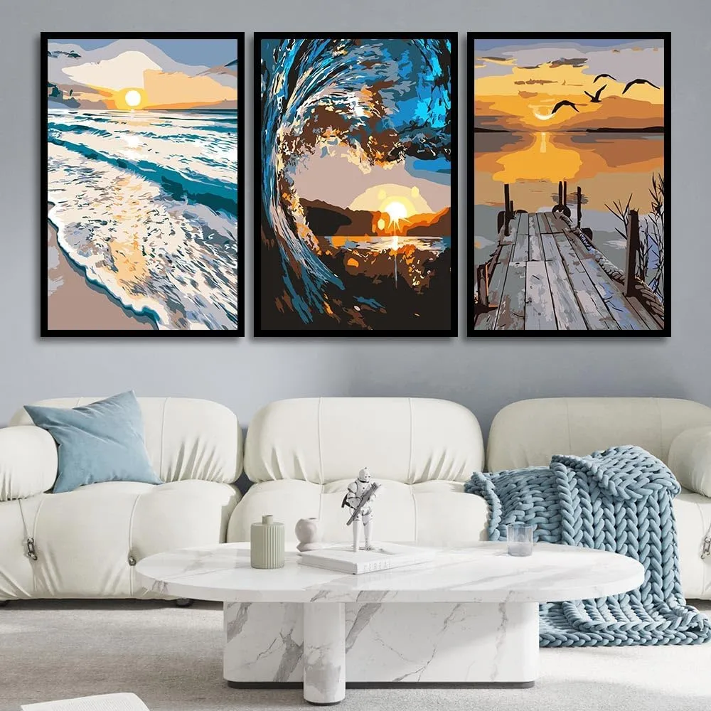 ARTMYRUI Paint by Number for Adults Canvas-DIY Sunset Beach Paint by Number Kits on Canvas for Adults Beginner,Landscape Lake Acrylic Oil Painting Number Kits for Decor Gifts (6 Pack 8x12 inch)