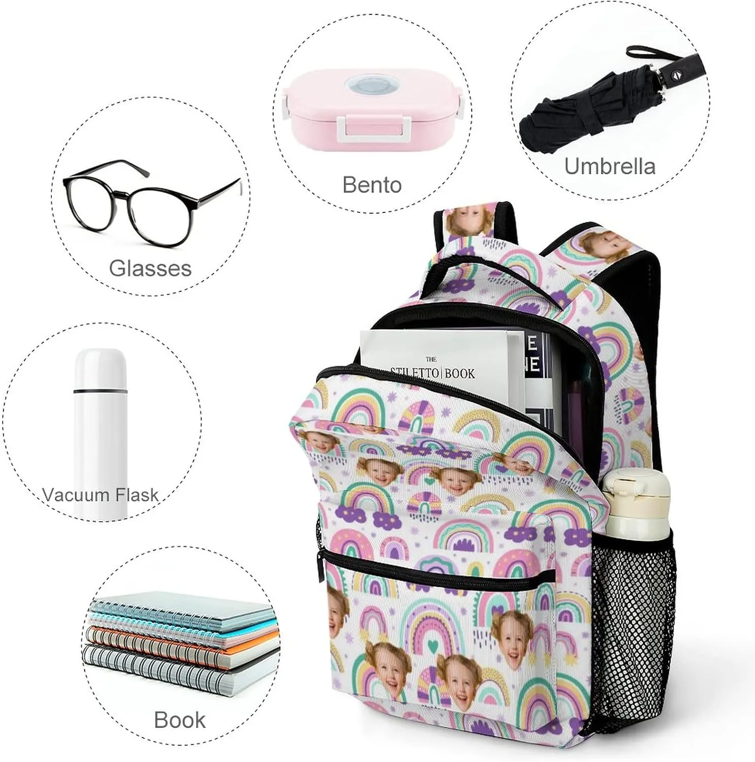 Artsadd Custom Students Backpack with Photo, Personalized Shoulder Bag Daypacks for Books Pencil Case Toys Napkins, Customized Rainbow Printed Travel School Bag for Girls Boys, Back-to-school Gifts