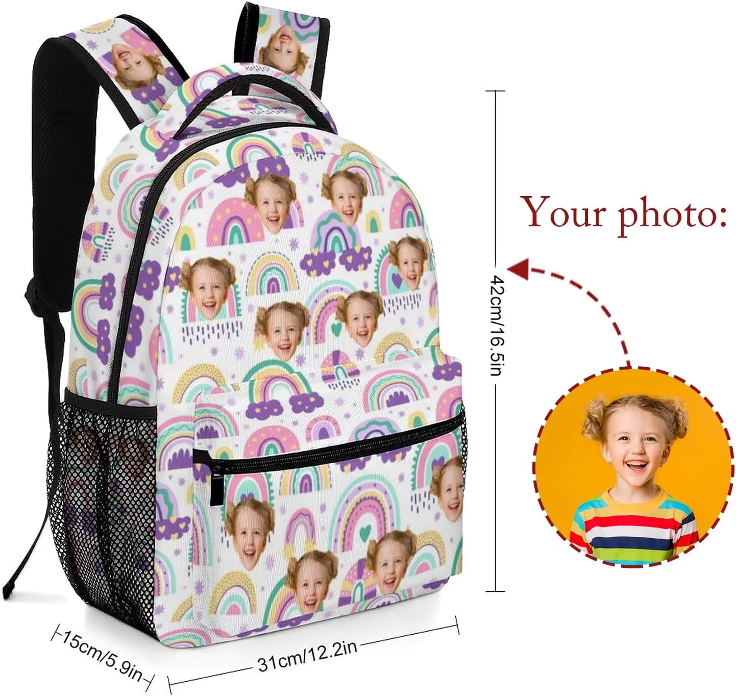 Artsadd Custom Students Backpack with Photo, Personalized Shoulder Bag Daypacks for Books Pencil Case Toys Napkins, Customized Rainbow Printed Travel School Bag for Girls Boys, Back-to-school Gifts
