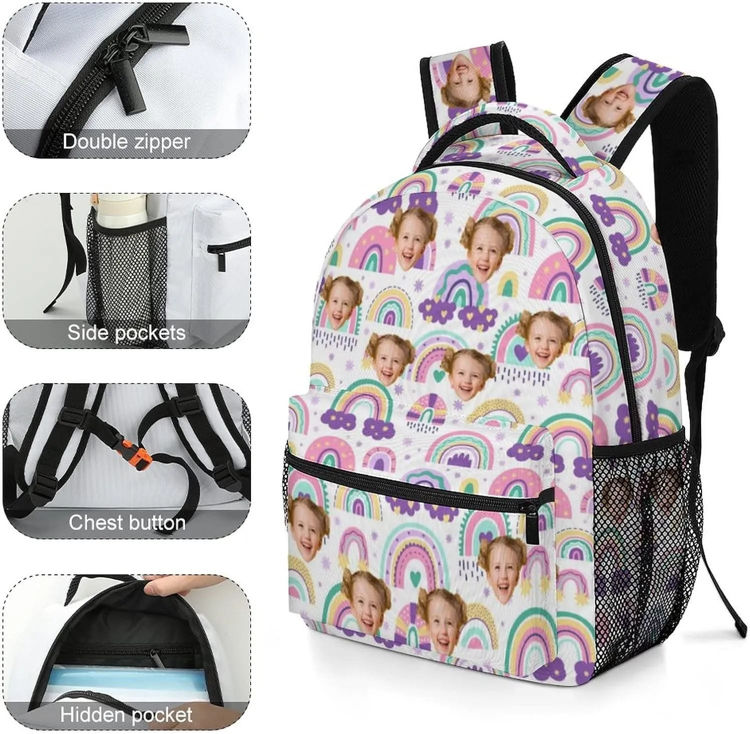 Artsadd Custom Students Backpack with Photo, Personalized Shoulder Bag Daypacks for Books Pencil Case Toys Napkins, Customized Rainbow Printed Travel School Bag for Girls Boys, Back-to-school Gifts