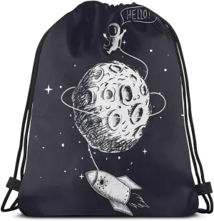 Astronaut Spaceship Moon Palnet Unisex Drawstring Backpack Bag Sport Gym Travel Sackpack
