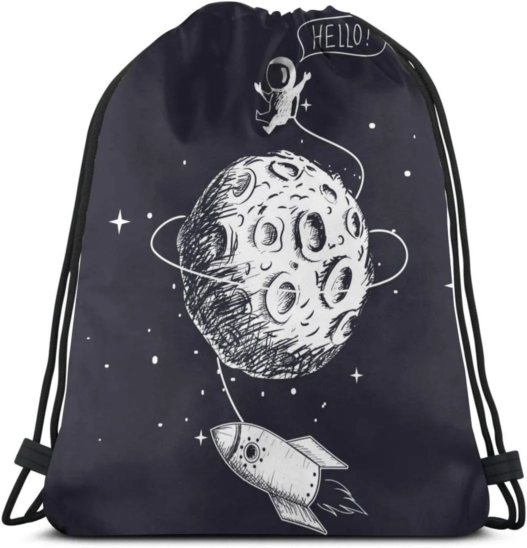Astronaut Spaceship Moon Palnet Unisex Drawstring Backpack Bag Sport Gym Travel Sackpack